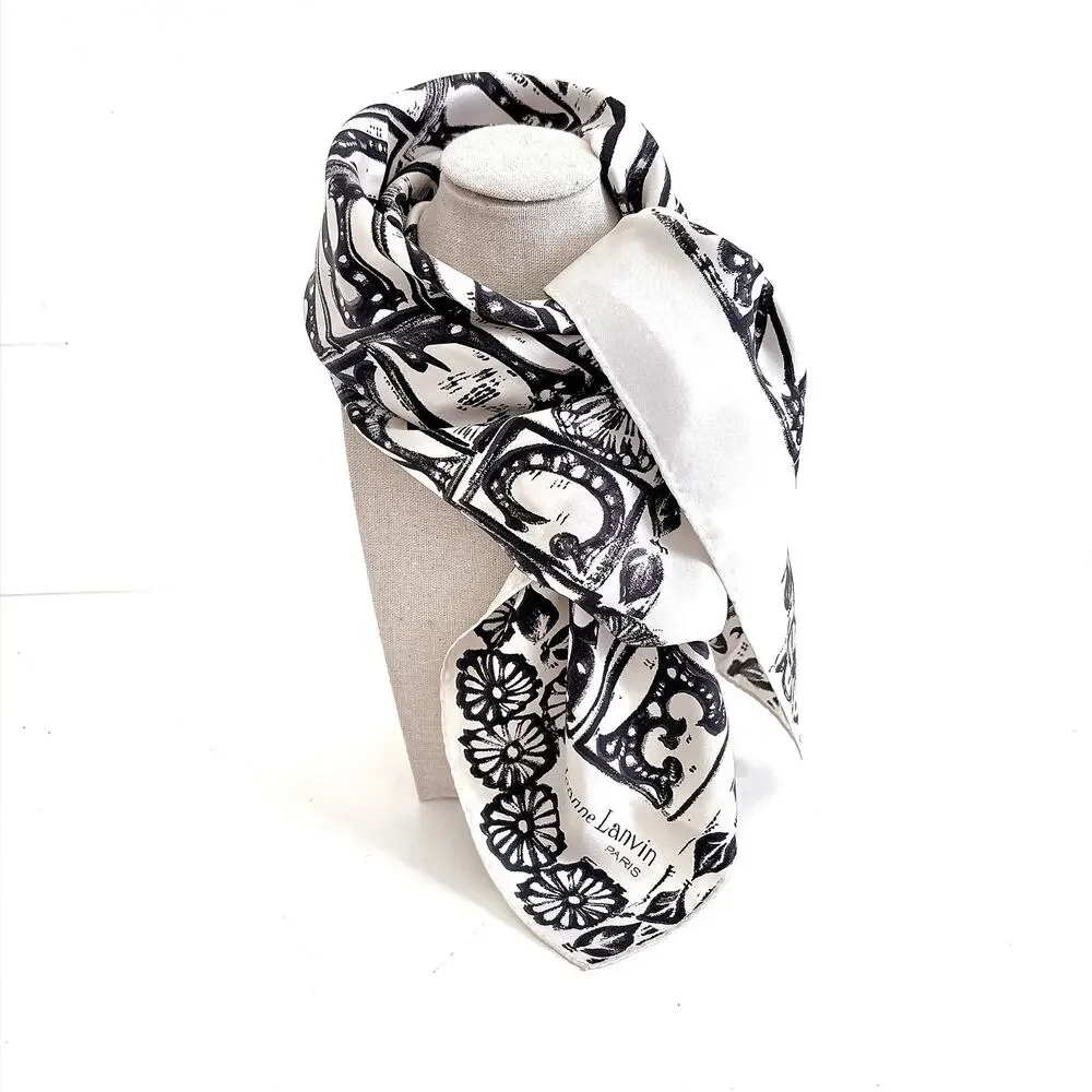 VINTAGE 1960S JEANNE LANVIN COUTURE SILK SCARF - BACK AND WHITE